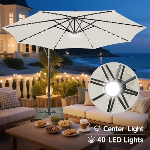 Image of Solar Offset Patio Umbrella - 10 FT Solar Cantilever Umbrella Outdoor with 40 LED Lights and Cross Base, UV Protection for Garden, Deck, Backyard, Pool, Porch, Ivory