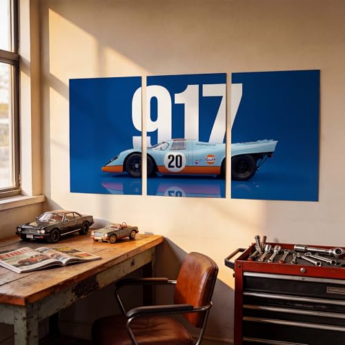 Image of SoulAbiti 3-Piece Porsche 917 Wall Art - Gulf Livery Blue & Orange Racing Car Printed Poster Large Motorsport Triptych Posters - Racing Decor for Room & Garage Le Mans Legend