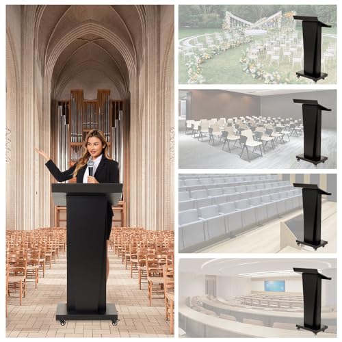 Tredre Metal Podium Stand with Wheels, Heavy-Duty Rolling Lectern for Classroom, Church & Office Presentations, Large Top, Locking Casters, Stable Base