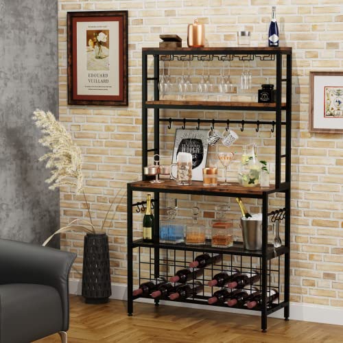 Monesti Wine Rack Freestanding, Industrial Wine Bar Rack, Floor Liquor Wine Cabinet Storage With 16 Hooks(Rustic Brown). #TOP4