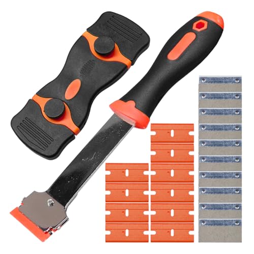 Tuxihapp 2PCS Razor Blade Scraper - Car Windshield Window Cleaning Scraper Tool with 10 Plastic & 10 Metal Blades - Multi-Purpose Glass Scrapers for Sticker, Label, Cooktop, Paint Removal(Orange-2PCS)