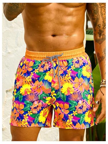 MakeMeChic Men's Floral Swim Trunks Drawstring Waist Beach Shorts with Pockets2