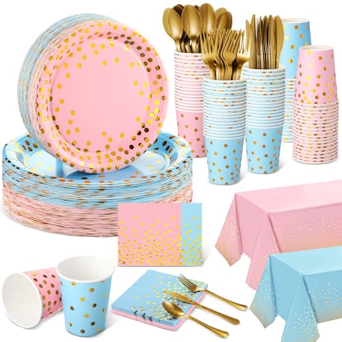 Tegeme 256 Pcs Pink and Blue Gender Reveal Party Supplies Disposable Paper Plate Napkin Cup Gold Dot Plastic Tablecloth Fork Knives Spoon Serve 36 Guest for Easter Baby Shower Birthday Decoration
