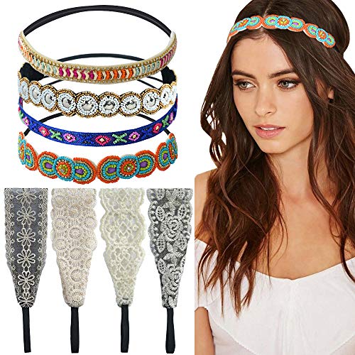 8 Pieces Rhinestone Beaded Elastic Headbands Wide Lace Headbands Handmade Vintage Crystal Stretch Hairbands for Party Daily Elegant Headwear Hair Accessories