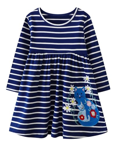 Image of Girls Cotton Long Sleeve Casual Cartoon Appliques Striped Jersey Dresses