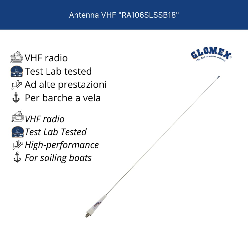 Glomex – Kit Antenna VHF per Barca a Vela 0,9m (Acciaio Inox), Modello RA106SLSSB18 – Include Antenna Flessibile, Cavo 18m, Supporto Testa d'Albero, Adattatore – Soluzione Completa per Veleggiare