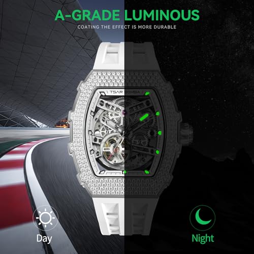 Image of TSAR BOMBA Men's Automatic Watch Tonneau Luxury Skeleton Watches for Men Mechanical 50M Waterproof Analogue Watches Mens Unique Cool Square Big Face Dial Wristwatch with Silicone Strap Band