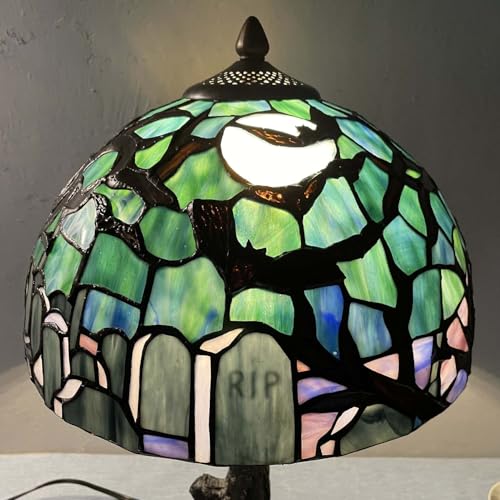 Bieyel10971tiffanystylestainedglasstablelampgothicgraveyardscenewithbatsfullmoonandtombstonedesigndarkblue12wx21hinch Urban Country Home Decor Bieye l10971 tiffany style stained glass table lamp gothic graveyard scene with bats full moon and tombstone design dark blue 12wx21h inch urban country home decor