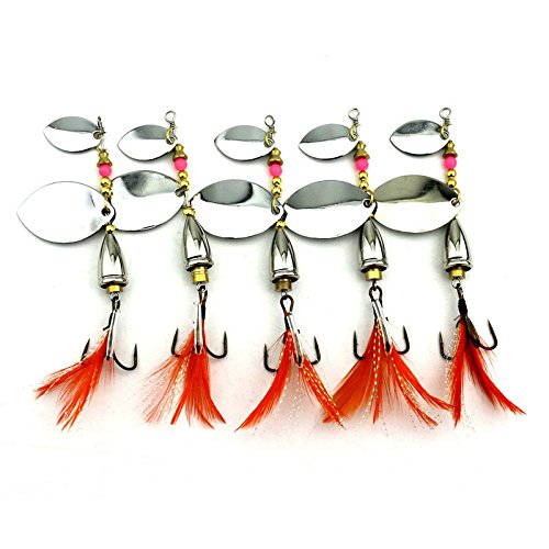 LENPABY 5PCS Feather Fishing Hooks,Rooster Tail, Fishing Spinner Spoon Lures Rotatable Inline Bass Trout Fishing Tackle Baits 9.3CM-16.3G Spinners,Spinnerbaits,Blade Spinner Baits