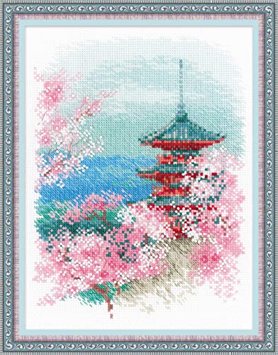 Image of RIOLIS - Sakura. Pagoda 1743, Cross Stitch Kits 7,09 inch x 9,45 inch, Cross Stitch Kits for Beginners & Advanced, Crossstitching Kit Adult, Embroidery Counted Stitching Kit