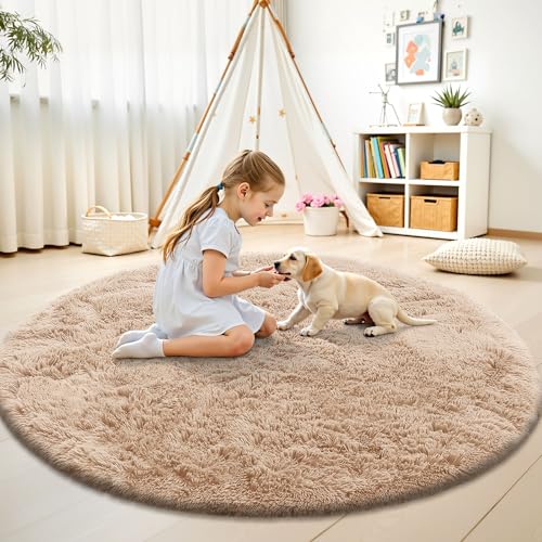 OLANLY Beige Round Rugs for Bedroom - Machine Washable, 7 ft Circle Area Rugs for Living Room, Soft and Fluffy Shaggy Carpet for Teen Girls and Boys, Nursery Rooms, Dorms, Home Decor Aesthetic
