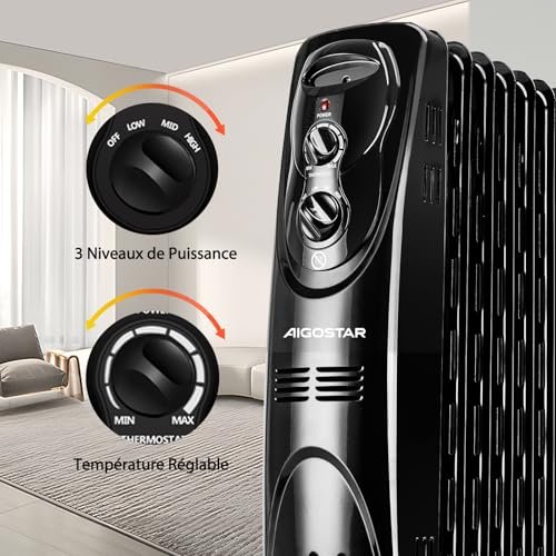 aigostar tummie– radiateur à bain d’huile portable. 2300 w. 11 éléments,3 niveaux de puissance et thermostat réglable. couleur noir. design exclusif.