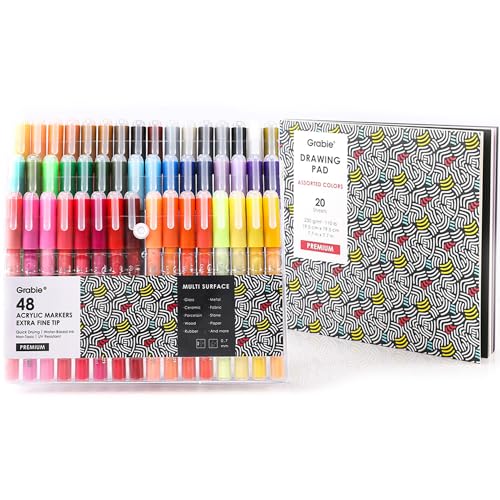 Image of Grabie Acrylic Paint Pens Markers, Pack of 48 Colors, 0.7 mm, Extra Fine Tip Drawing Markers, Premium Paint Pens for Painting on Various Surface, Art Supplies