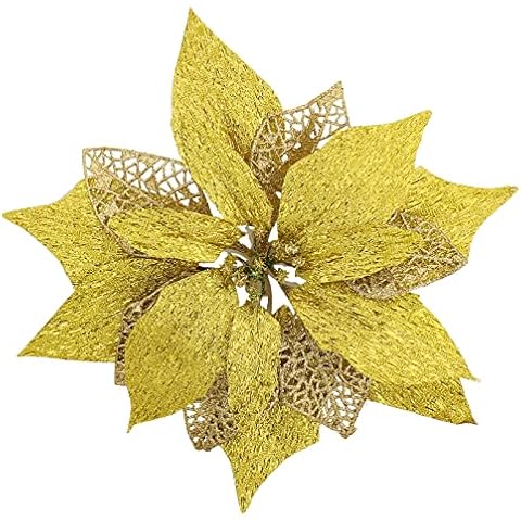 YOSICHY Christmas Poinsettia Flowers Large Glitter Artificial Xmas Tree Ornaments Decorations with Stems Pack of 12(Gold) Cover