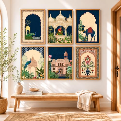 Image of Artsense Royal Mughal Botanical Wall Art Set of 6 | Peacock Palace Arch Floral Heritage Decorative Paintings | Traditional Indian Gallery Wall Decor for Living Room Bedroom Office