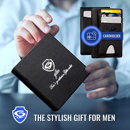 BrandName GILKO Mens Slim Bifold Money Clip Wallet w/Credit Card Holder- RFID Blocking - Leather - Easy Access Slot - Extra Credit Card Bifold - w/Elegant Gift Box. Roei Model - Black/Royal Blue2