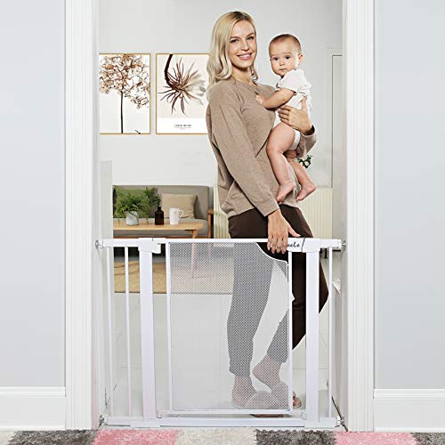 Heele 29.5-40.5 Auto Close Safety Baby Gate,Durable Extra Wide Child Gate for Stairs Doorways, Metal Mesh Easy Walk Thru Dog Gate for House,Includes 4 Wall Cups,2.75-Inch and 5.5-Inch Extension