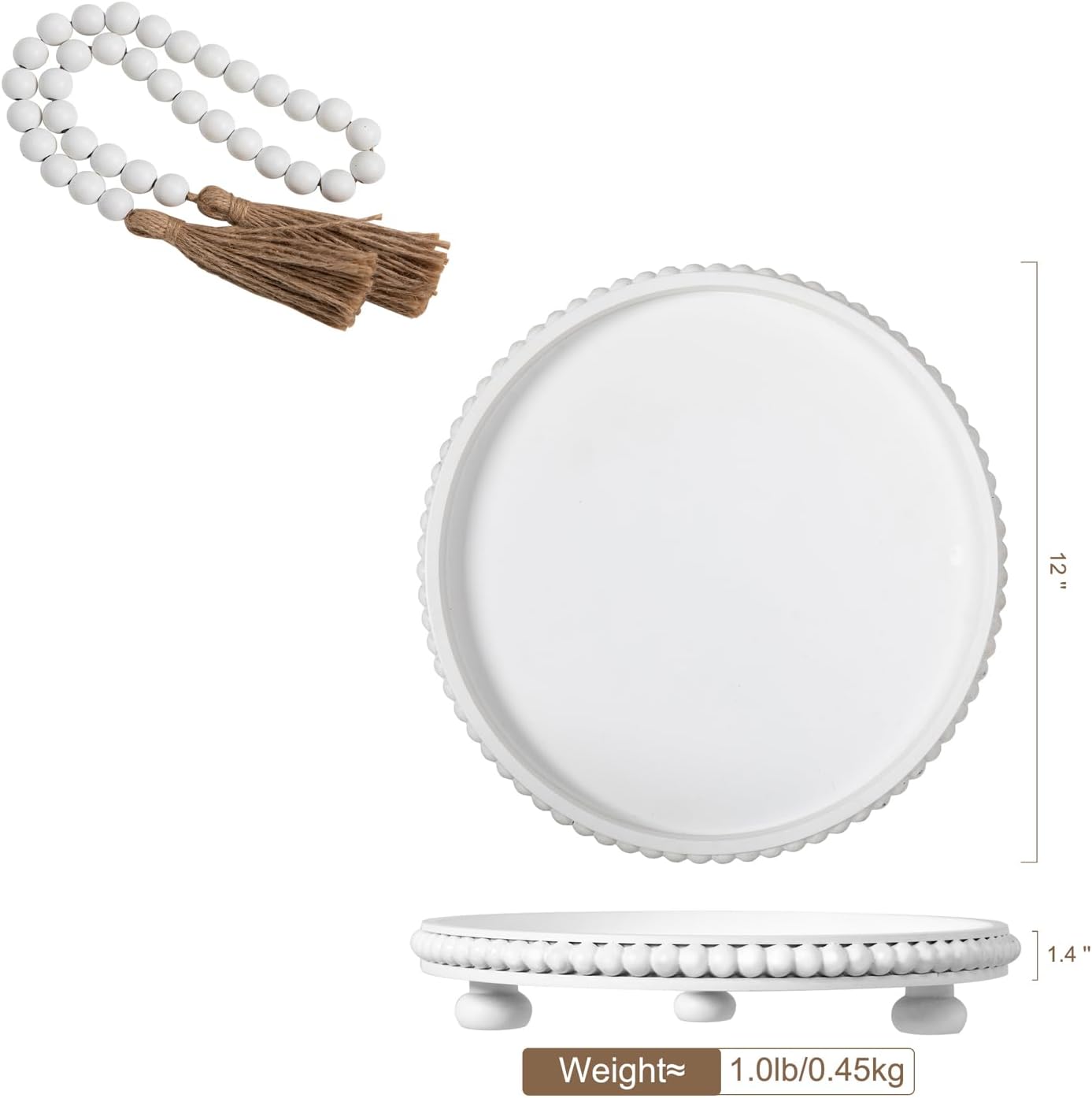 12in White Round Wooden Tray with Wood Beaded Garland for Home Decor- Decorative Tray for Living Room Decor, Coffee Table, Kitchen Farmhouse Distressed Centerpiece Candle Holder (White)