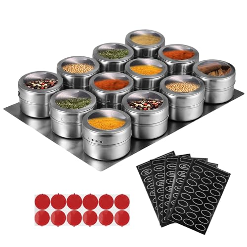 Tanice Magnetic Spice Jars, 12 Pack Magnetic Seasoning Jars, Stainless Steel Spice Containers Stick on Refrigerator with 1 Tray, 5 Sheets of Spice Labels and 12 PCS Adhesives for Kitchen