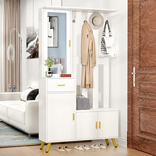 Pakasept Hall Tree With Lighted Mirror, 5 In 1 Entryway Coat Rack Freestanding, Shoe Storage, And 3 Modes Lighting Vanity Mirror, Closet Garments Shelf For Hallway, Bedroom #TOP3