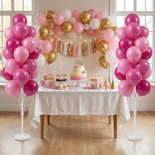 Image of HIINS 2 Set Pink Balloon Tower Stand,5FT with Water Fillable Base for Party