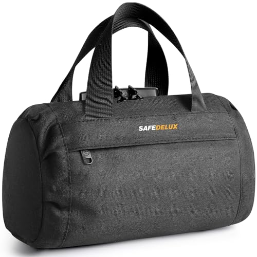 SafeDelux Bolsa de bloqueio forrada de carbono, bolsa de viagem portátil com trava de combinação, zíper hermético, estojo com trava em movimento, Preto, Large, Tendência