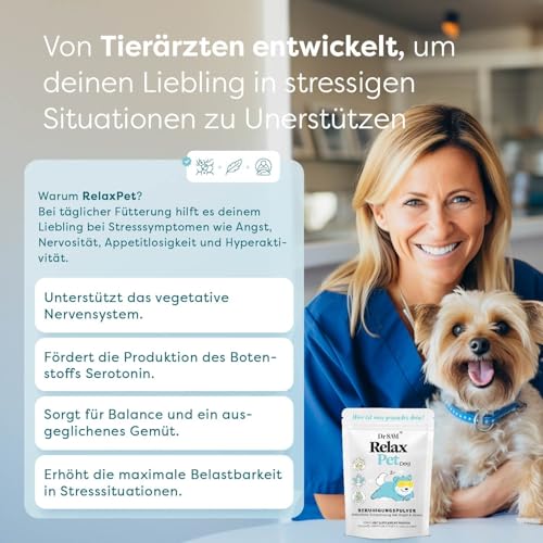 Dr. SAM Premium Anti-Stresspulver für Hunde - RelaxPet als natürliches Beruhigungsmittel für Entspannung bei Angst & Stress - Ruhe beim Reisen und besonderen Anlässen - hochdosiert - 45g