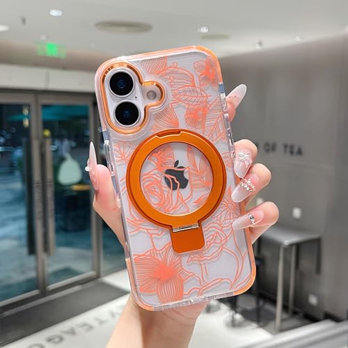 Coque iPhone 16 MagSafe fleur rose transparente avec support béquille