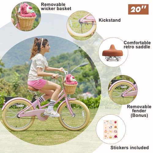 Image of Glerc Little Molly 12-20 Inch Kids Retro Cruiser Bike for 2-13 Year Old with Wicker Basket & Training Wheels /Kickstand, Multiple Colors