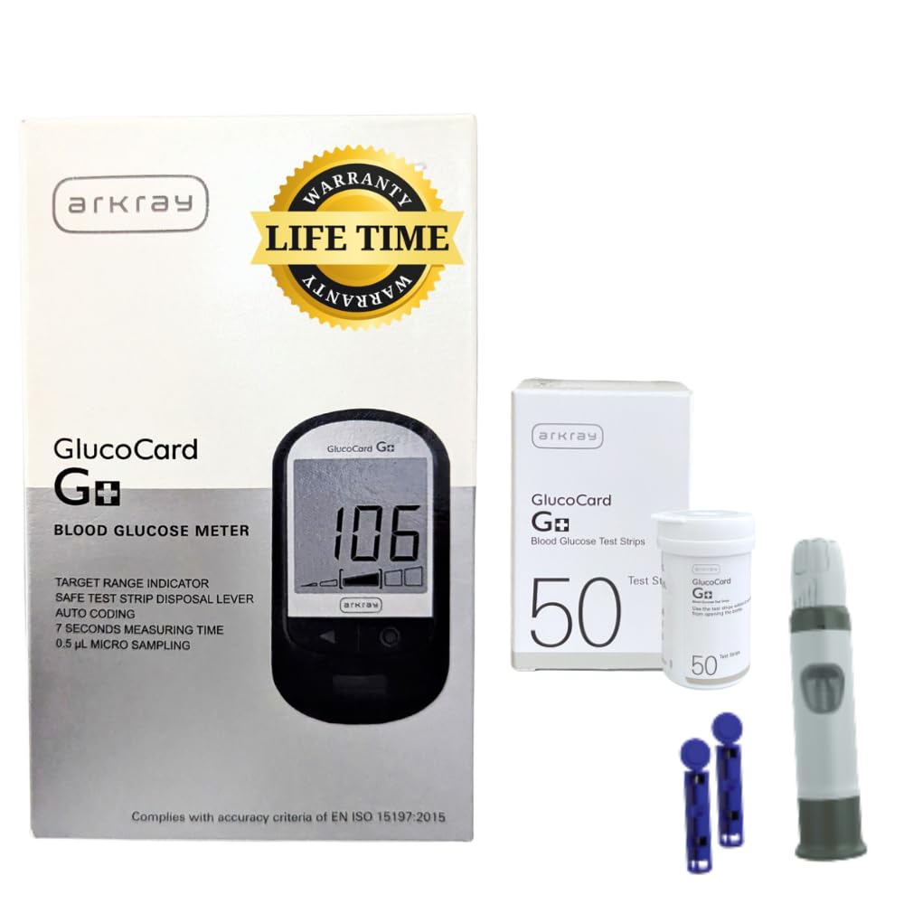 ARKRAY Glucocard G+ Advance Glucometer Kit | 50 Test Strips + 25 Lancets + Lancing Device | Sugar Testing Machine for Home Use | Made in India | Japanese Technology