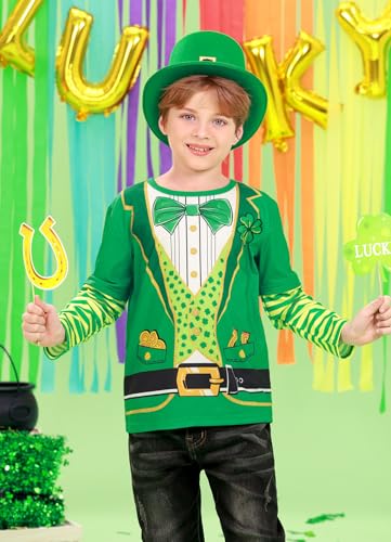 Image of Unisex Kid's St Patrick's Day Shamrock Top Striped Patchwork Irish Clover Long Sleeve Shirt 4-14 Years