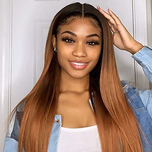 Human Hair Straight full lace wig 100% Real Brazilian Hair Ombre Black Roots 1B 30 Color 130% Density Wig For Black Women(10",lace frontal wig)
