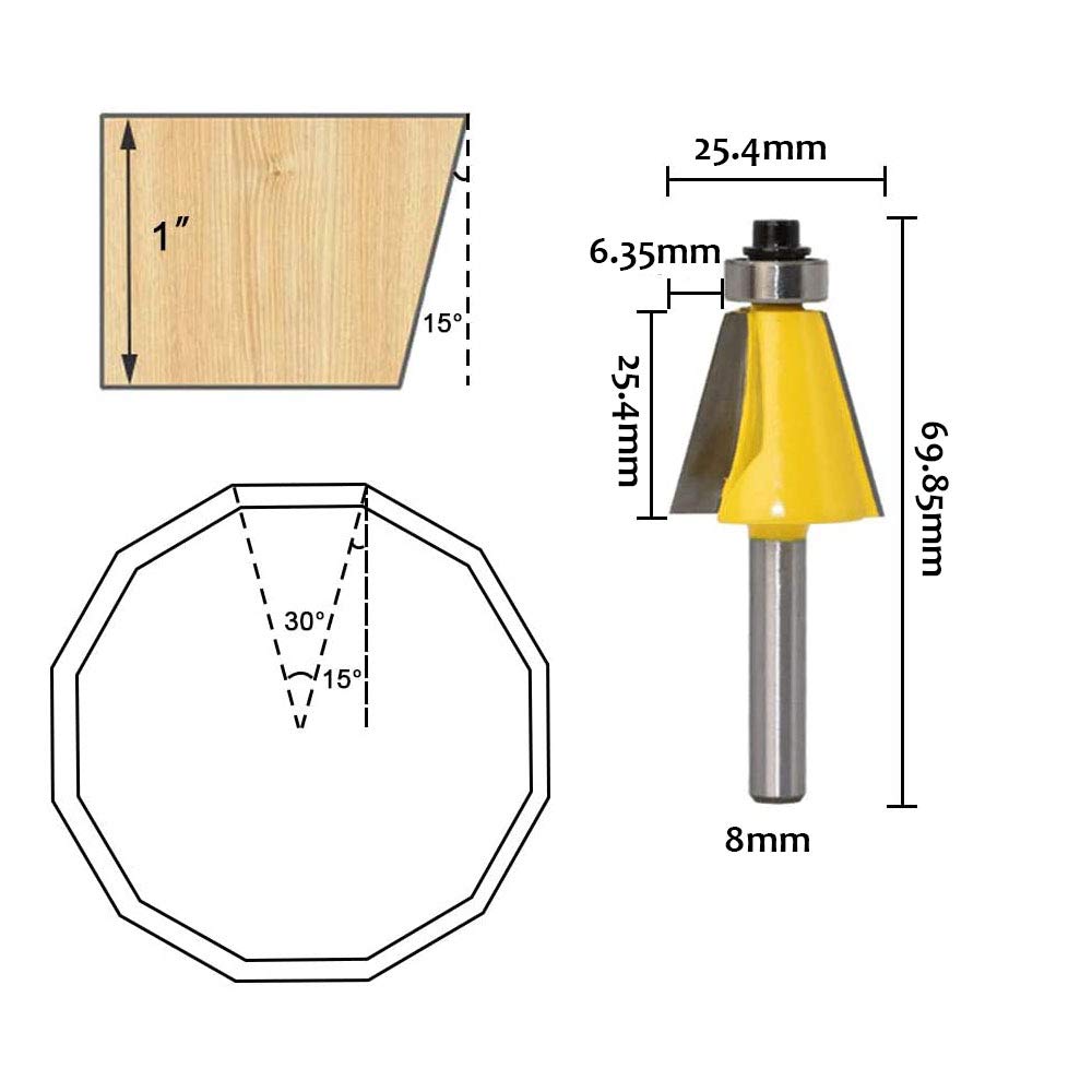 3pcs 8mm Tige Chanfrein Routeur Bit Set Biseau Routeur Bits 15 Degrés, 22,5 Degrés, 30 Degrés Coupe-bois Couteau Biseauté