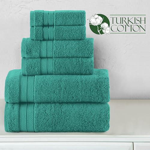 Image of Elegant Comfort Luxury 6-Piece Towel Set, Premium Soft 100% Turkish Cotton, Three Line Popcorn Design 2 Bath Towels, 2 Hand Towels and 2 Washcloths Towel Set - Quick-Drying and Absorbent, Teal Blue