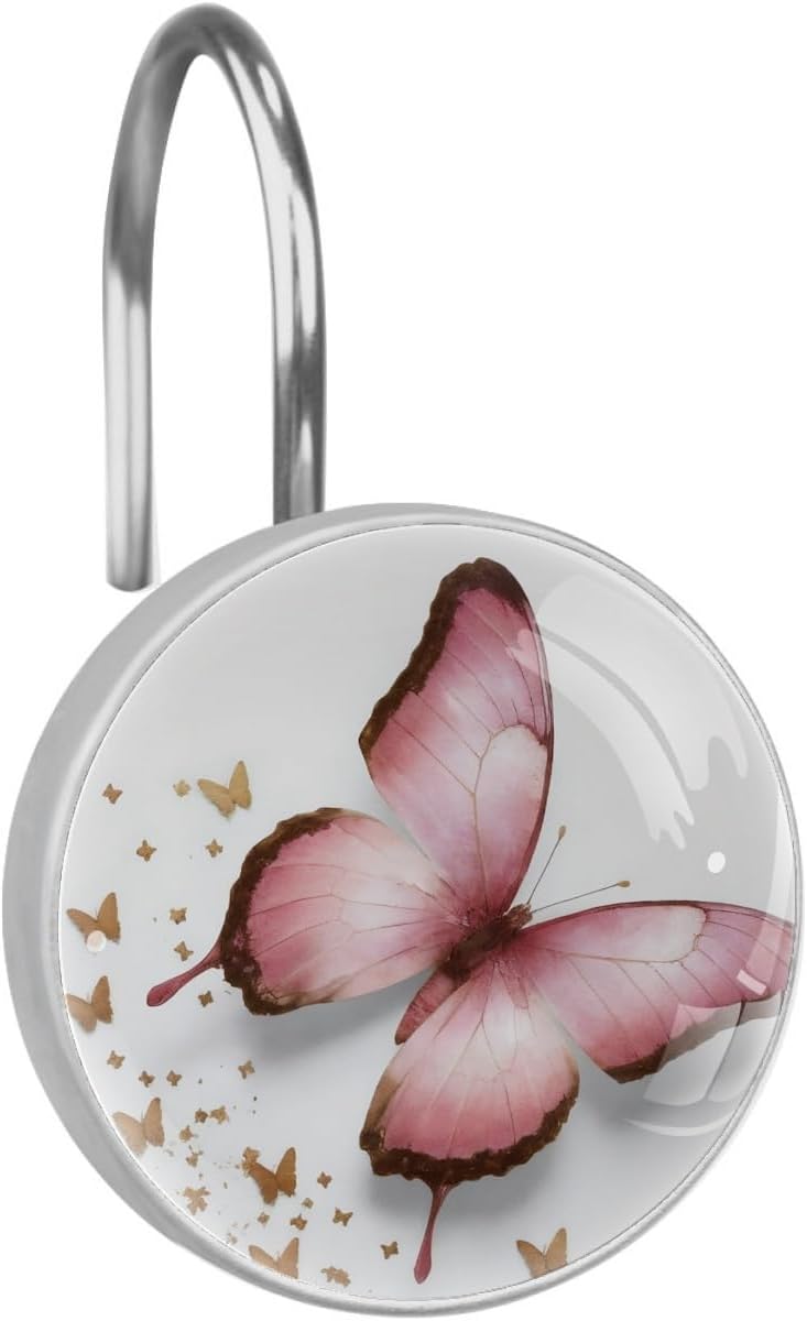 Pink Butterfly Shower Curtain Hooks, Home Decorative Shower Curtain Rings for Bathroom, Rust Proof Metal Shower Curtain Hangers for Shower Curtain Rod, Set of 12