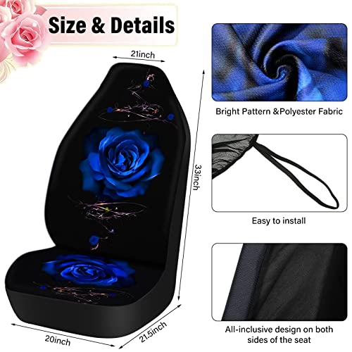 15 Pcs Rose Art Flower Car Seat Covers Full Set For Women Rubber Steering Wheel Cover Armrest Cover Seatbelt Covers Polyester Fabric Front Seat Rear Backrest Cover Bottom Cover Universal (Blue) #TOP3