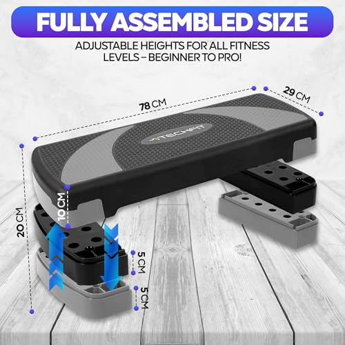 TechFit Aerobic Stepper, höhenverstellbar in 3 Stufen (10/15/20 cm), rutschfeste Oberfläche, Maße: 78 x 29 cm, belastbar bis 120 kg, ideal für Fitness, Cardio und Heimtraining