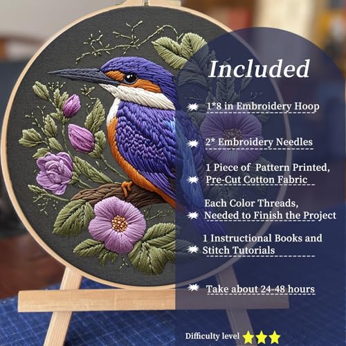 Image of FONNUY Embroidery Kit for Beginners, Birds with Flowers Pre-Stamped Pattern Kits for Adults with Hoop, Easy to Follow Color Thread Needlework, 8'' Hoop (Purple 1)