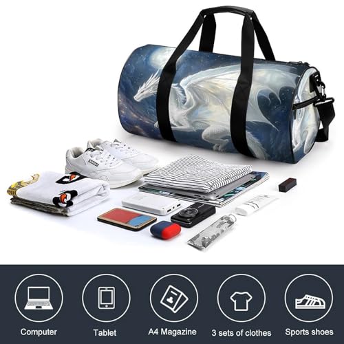 White Dragon Soaring Moon Moonlight Compact Gym Bag Travel Duffel Bags Lightweight Foldable Sports Tote Gymbag4