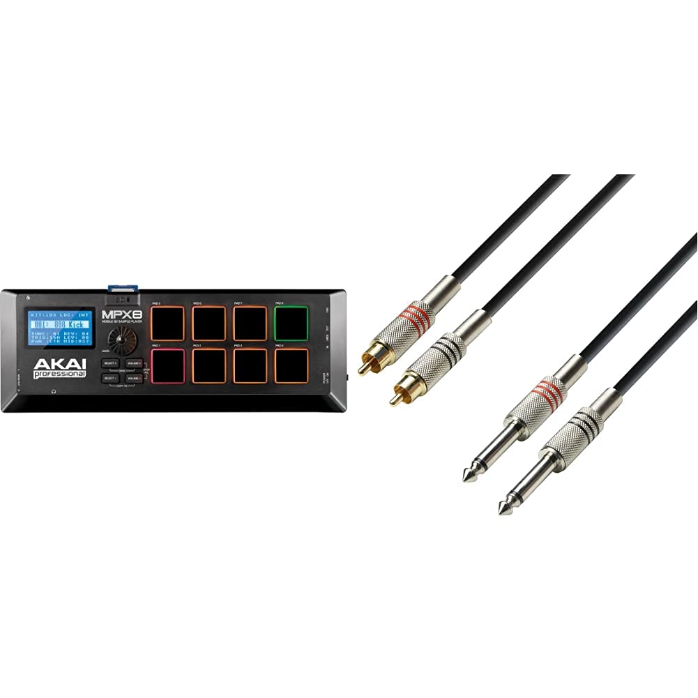 AKAI Professional MPX8 - Portabler Sample Pad Controller mit 8 Performance Ready Pads & On Board SD Kartenslot & Adam Hall Cables K3TPC0100 Audiokabel 2 x Cinch male auf 2 x 6,3mm Klinke mono 1m