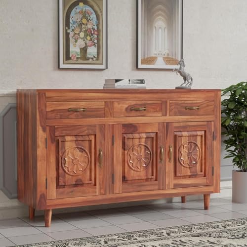 Image of Solid Sheesham Wood Sideboard Cabinet Storage with 3 Door & 3 Drawer Wooden Storage Organizer Cabinet for Home Kitchen Living Room Bedroom Hallway Dinning | Natural Honey Finish | Pre-Assembled