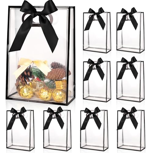 Clear Gift Bags with Handle 8 PCS PVC Gift Bag with Ribbon Bow for Christmas Easter Wedding Baby Shower Birthday Party(Black)