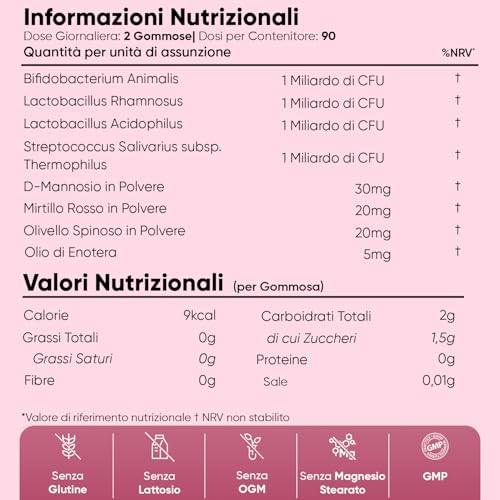 Probiotici Donna Gommose Con D-Mannosio, Mirtillo Rosso (Cranberry), Olio Di Enotera, Olivello Spinoso, 90 Caramelle Gommose Vegane, 4 Ceppi Probiotici, 4 Miliardi Di Cfu, Senza Glutine, Senza Ogm - 5