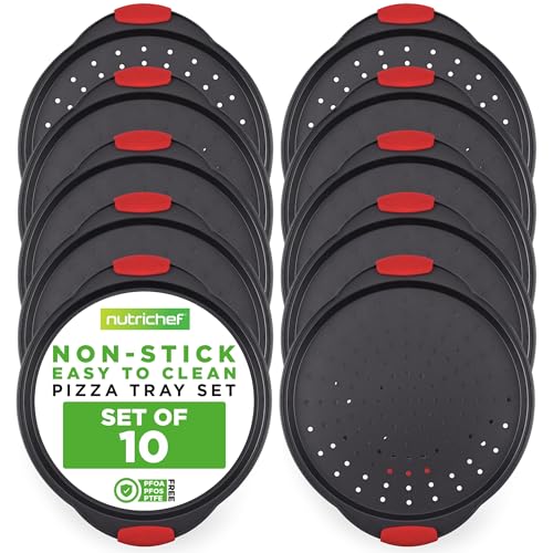 NutriChef Premium Non-Stick Pizza Tray Set with Silicone Handles, 10-Pack Round Steel Pans Featuring Perforated Holes, Ideal Bakeware