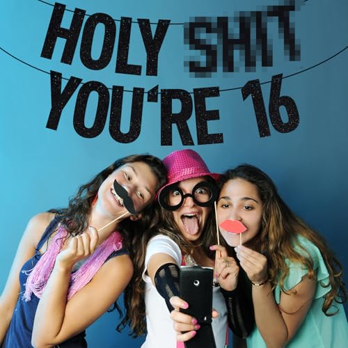 Image of Black Glitter Holy Sh*t You're 16 Banner, Sweet 16 /Happy 16th Birthday /Cheers to 16 Years, 16th Birthday Party Decorations Supplies
