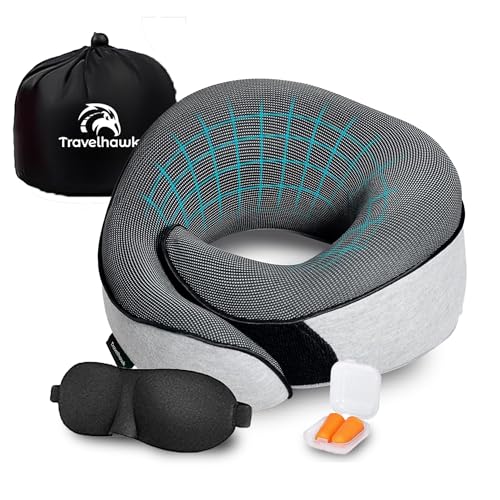 TravelHawk Almohada de viaje de lujo con forma de U de espuma viscoelástica 100% con antifaz para dormir y tapones para dormir, cojín cervical, cojín cervical, cojín para el cuello, almohada para