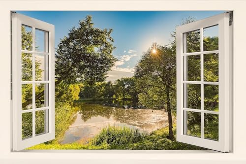 Papier Peint Panoramique Paysage Verdoyant 300x210 cm 3D Papier Peint Intissé Vue de La Fenêtre Photo Trompe l'oeil Poster Geant Mural Salon Chambre Enfant Chambre...