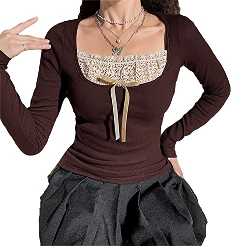 Image of Fairy Grunge Shirts for Women Y2K Tops Long Sleeve Lace Patchwork Tees Teen Girls Vintage Slim Blouse Fall Clothes