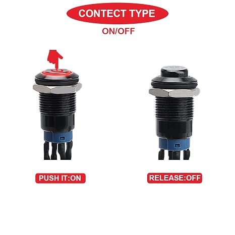 5Pcs 12mm Momentary Red LED Push Button Switch Black Shell with Power Mark LOGO IP65 Waterproof Push Button Switch SPST 2Position ON OFFwith Pre-Wiring for Car Marine Boat Truck Equipment