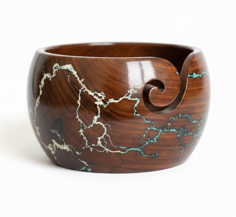 Image of Lichtenberg Figure Yarn Bowl - Handmade Wooden Yarn Bowl for Knitting Yarn Ball Holder - Yarn Bowls with Holes Crochet Bowl Holder - Yarn Storage Bowl 7 inch x 4 inch inches (Blue and White)
